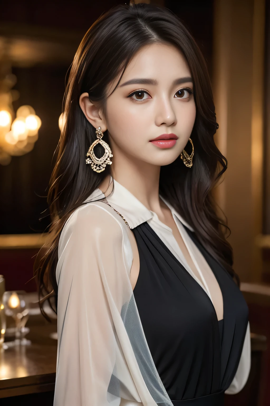 masterpiece, highest quality, Realistic, Very detailed, Finer details, High resolution, 8k wallpaper, One beautiful woman, Wear an elegant black see-through blouse, In a great restaurant, At night, Light brown messy hair, Perfect dynamic composition, Beautiful and beautiful eyes、Big earrings