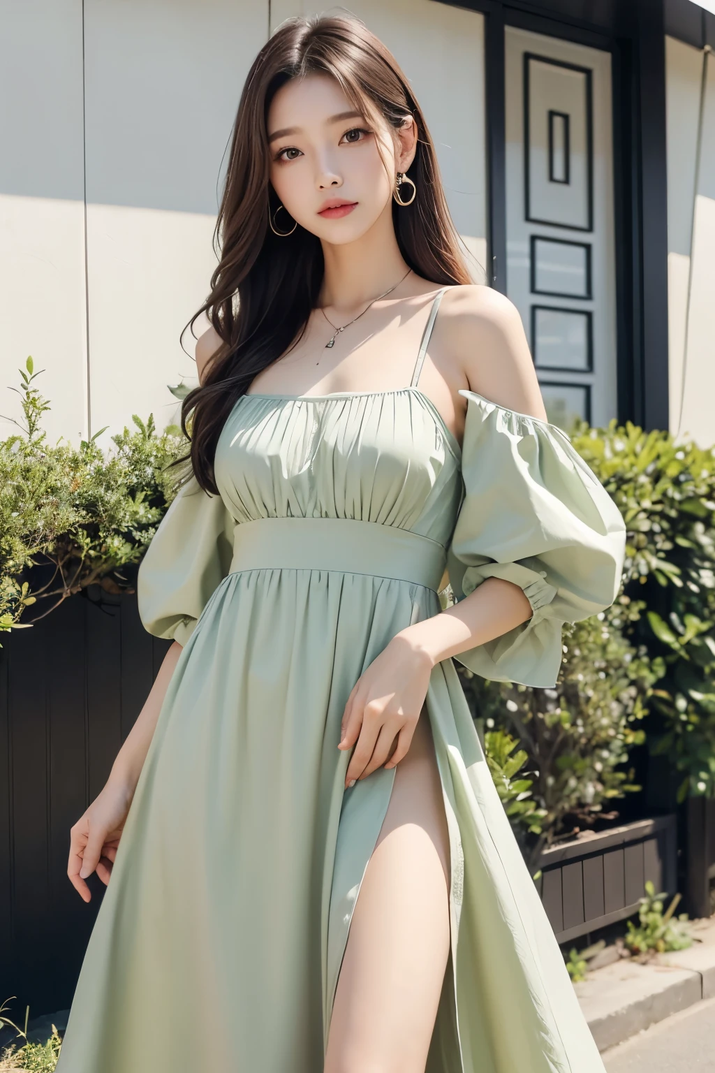 녹색 dress를 입고 거리를 걷고 있는 아라페 여성, 가벼운 반 오픈 dress, 2263539546], 1285445247], olive, dress, full-length view, 세련된 dress, 심플한 dress, middle, 밝은 녹색 dress, 긴 dress, 긴 dress female, 2 0 2 0 fashion, Look at