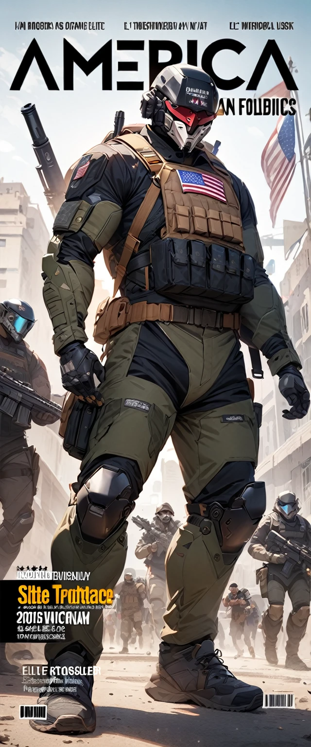(magazine cover:1.0), masterpiece, best quality, very aesthetic, elite soldier, full mask, America, futuristic soldier, robotics