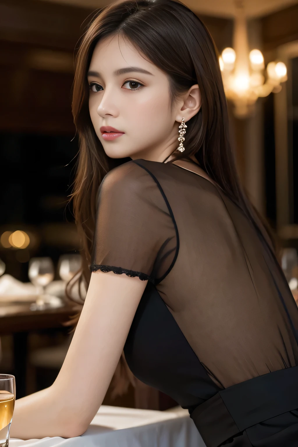 masterpiece, highest quality, Realistic, Very detailed, Finer details, High resolution, 8k wallpaper, One beautiful woman, Wear an elegant black see-through blouse, In a great restaurant, At night, Light brown messy hair, Perfect dynamic composition, Beautiful and beautiful eyes、Big earrings