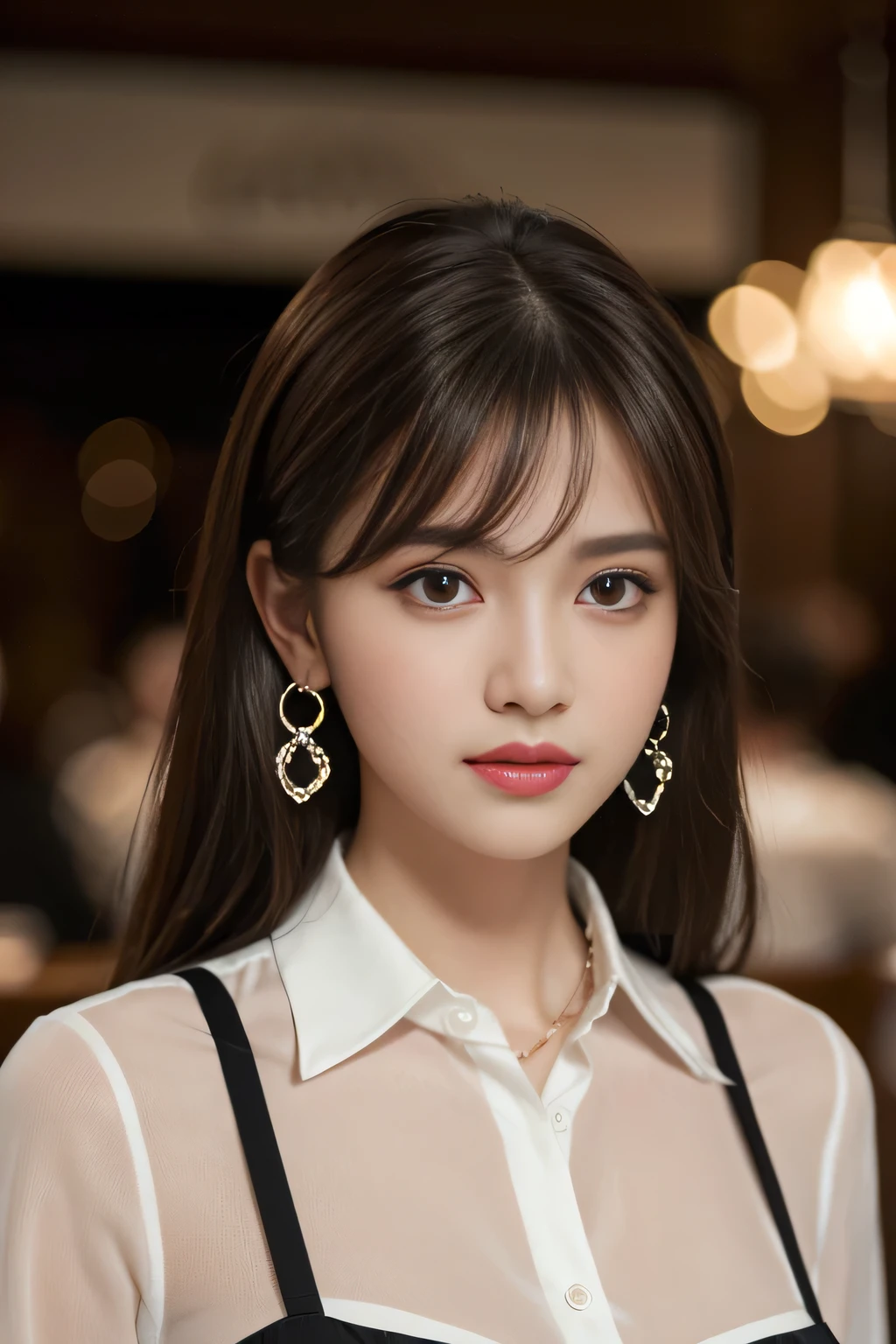 masterpiece, highest quality, Realistic, Very detailed, Finer details, High resolution, 8k wallpaper, One beautiful woman, Wear a dressy black see-through collared shirt, In a great restaurant, At night, Light brown messy hair, Perfect dynamic composition, Beautiful and beautiful eyes、Big earrings