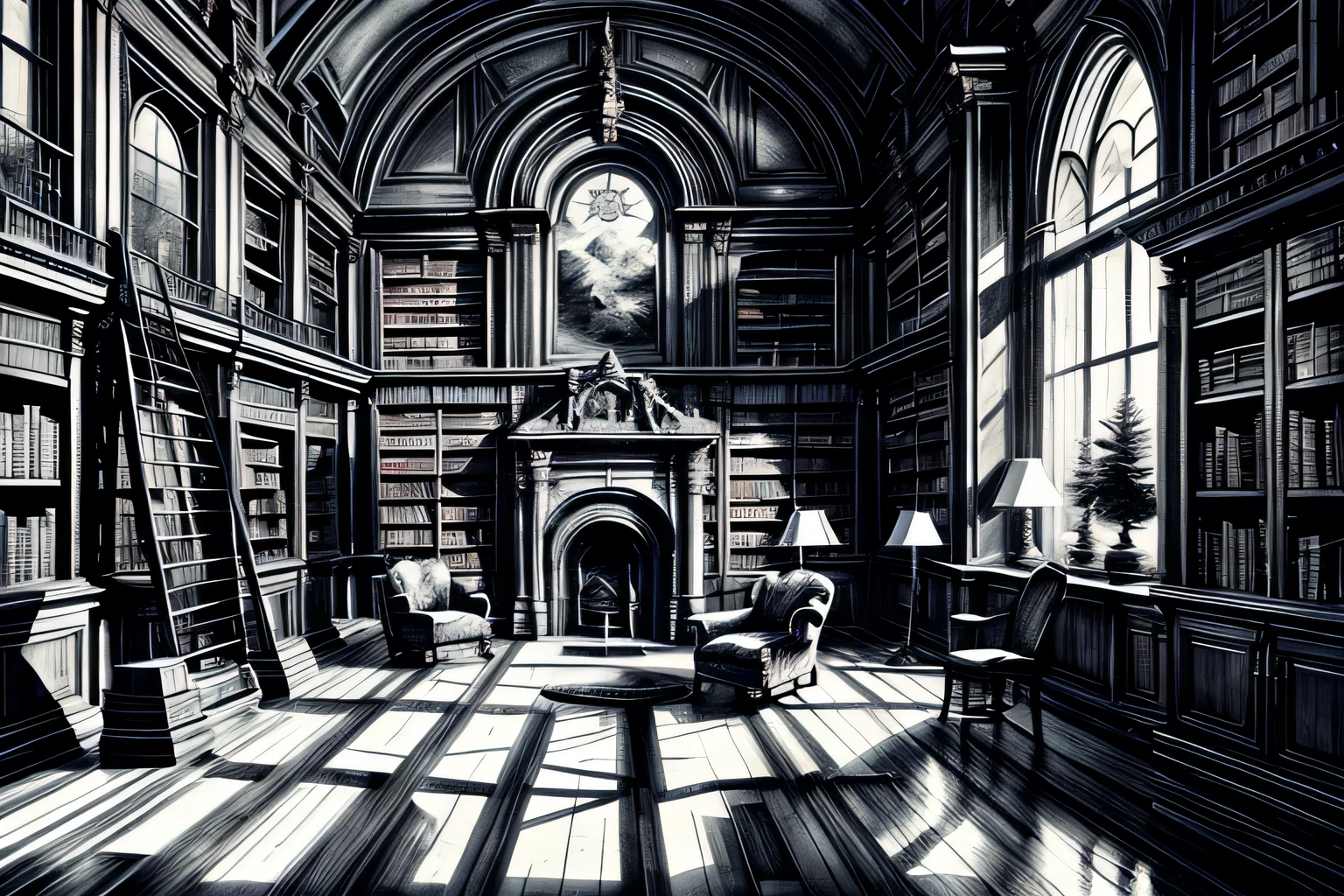 library, Full of books, Interior, Watercolor, art, art, Fantastic illustrations, upscale, fairy tale, Fairytale, Monochrome