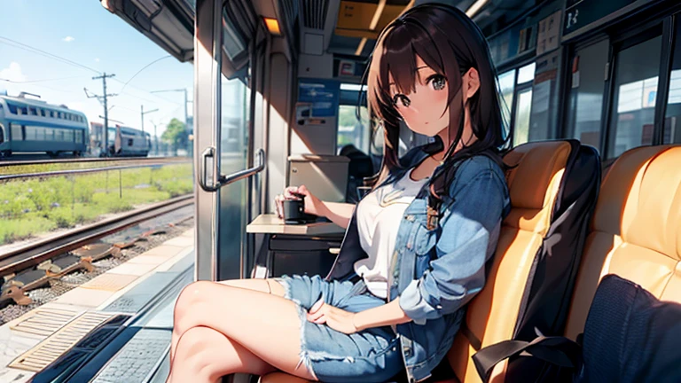 shiho Nishizumi,Blue jean jacket,Jeans pants,Semi-long hair,Ashime Hair,Brown Hair,Black Eyes,Big Breasts,Sulky,from the front,Sunny scenery,Sit in your seat,Inside the train,At least one backpack,slightly muscular,Beautiful image quality,