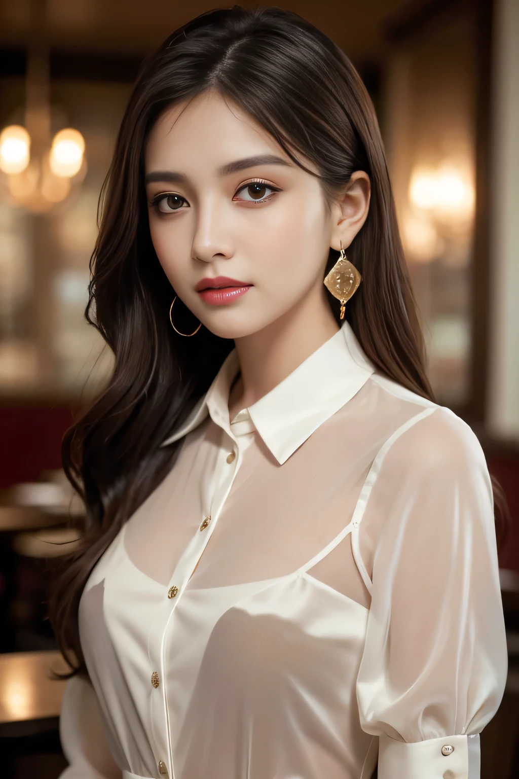 masterpiece, highest quality, Realistic, Very detailed, Finer details, High resolution, 8k wallpaper, One beautiful woman, Wear a dressy black see-through collared shirt, In a great restaurant, At night, Light brown messy hair, Perfect dynamic composition, Beautiful and beautiful eyes、Big earrings