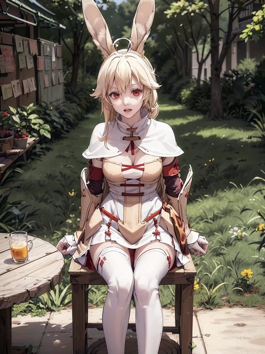 (rabbit girl)(best quality,high resolution, masterpiece:1.2), female focus, (girl sitting in a tabern:1.6), (one girl:1.5), (free hands), beautiful eyes, (white hair:1), detailed eyes, (rabbit ears), (red eyes:1.2), white cloak, big smile, open mouth, fleshy lips, hair ornament, beer tankard, leather armor, Clothes made of tanned leather, armored minidress, detached sleeves, wrist guard, white thighhighs, shin guards, armoed boots, perfect quality, good quality, masterpiece, (arms crossed1.2), looking at the viewer, Prepare-se para mergulhar em um mundo onde a beleza e o artesanato se fundem perfeitamente, anatomically correct. ultra nitidez