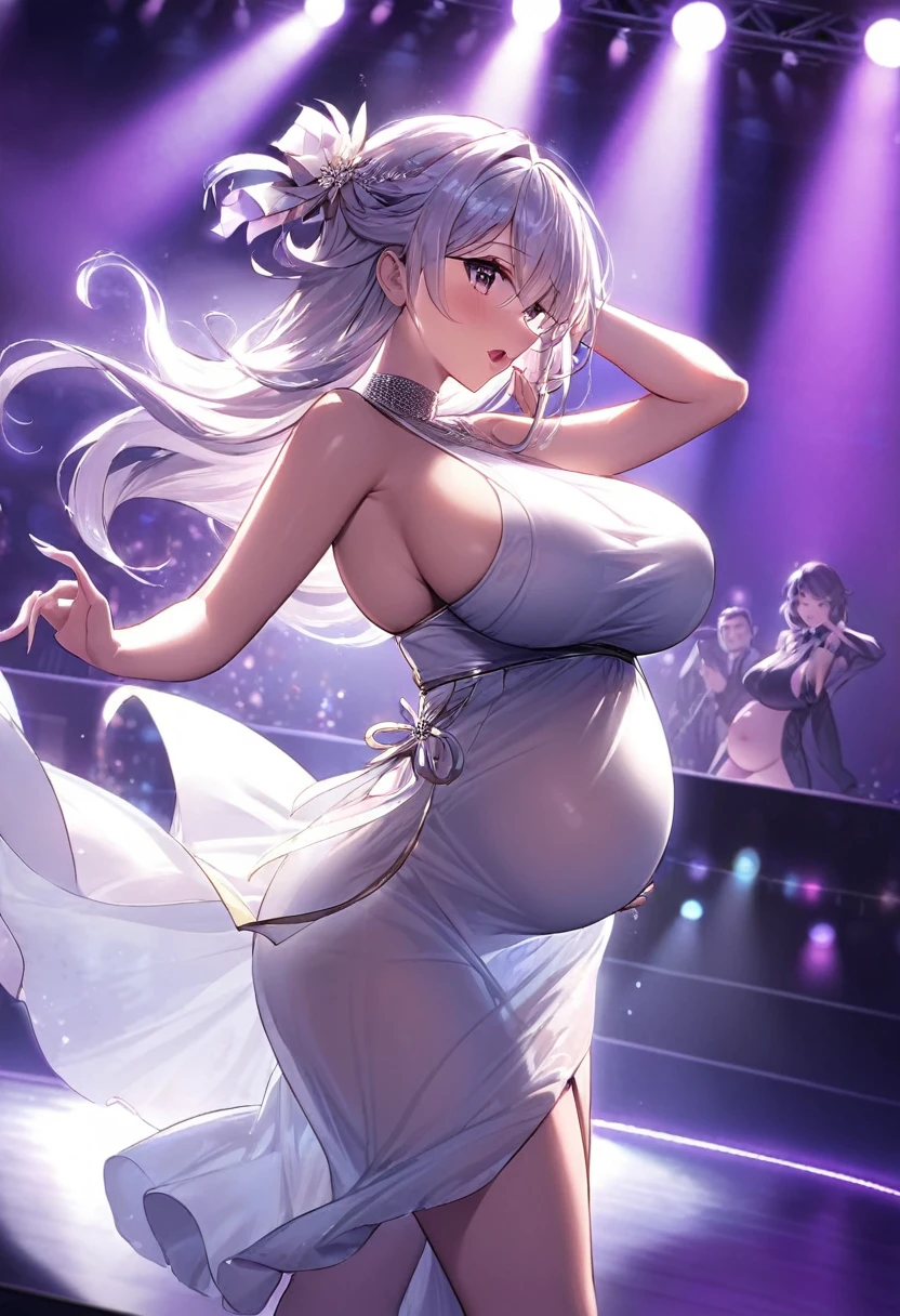 1Female, dancer, wearing thin cloth covering nose and mouth, dancing, stage, lighting, big breasts, Pregnant 