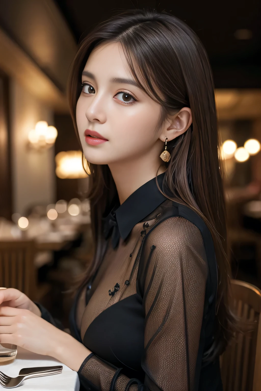 masterpiece, highest quality, Realistic, Very detailed, Finer details, High resolution, 8k wallpaper, One beautiful woman, Wear a dressy black see-through collared shirt, In a great restaurant, At night, Light brown messy hair, Perfect dynamic composition, Beautiful and beautiful eyes、Big earrings