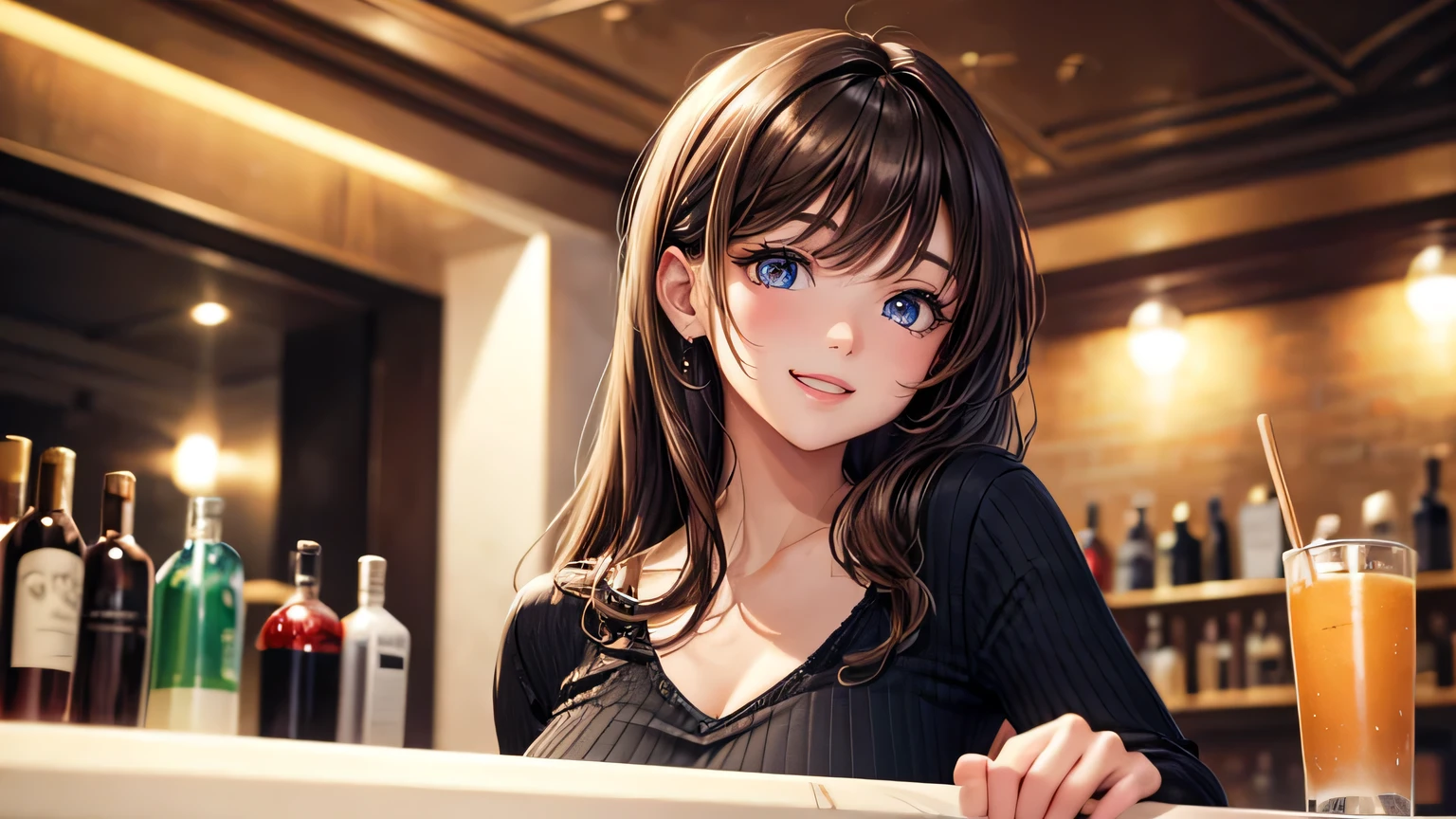 One woman : 1.3, Light brown hair: 1.2, , night: 1.2,In a fashionable bar: 1.1, Cinema Lighting, Ultra-high resolution, Accurate, Super detailed, Textured skin, High detail, highest quality, 8k,Thin bangs,Upper Body,Thick body, Well-drawn eyes,Fashionable shirts,Detailed hair depiction,Detailed depiction of eyes,Detailed depiction of hair、A big smile