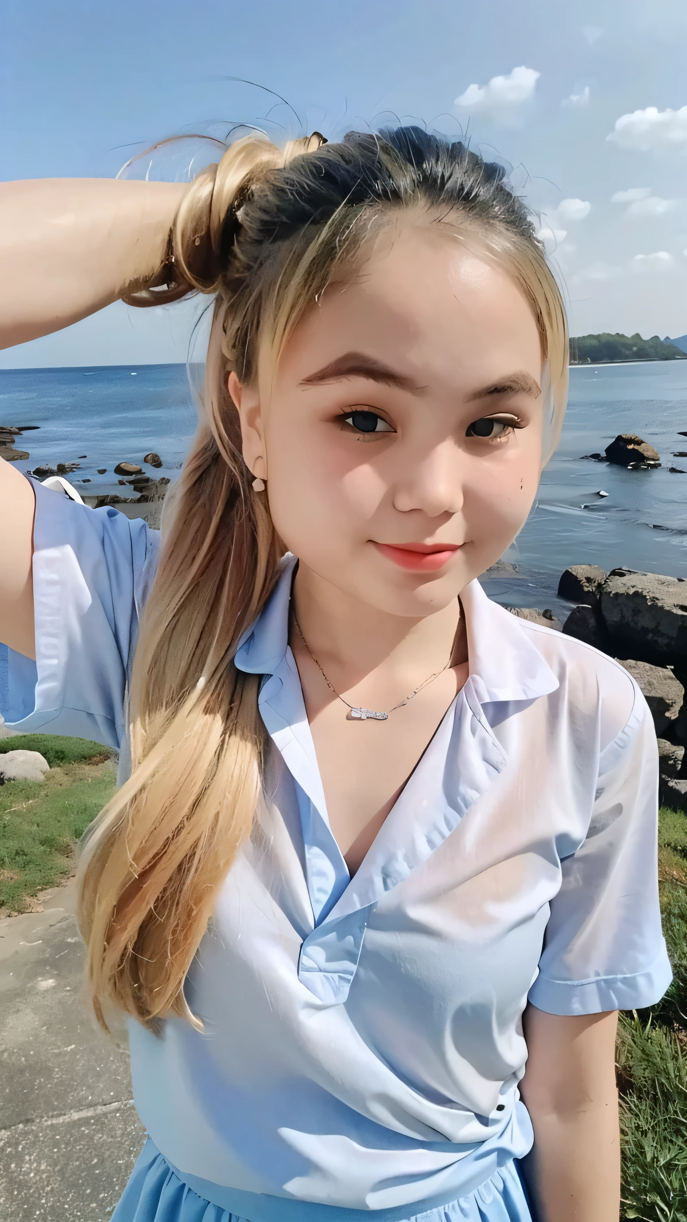 1 girl, alone, looking at the viewer, blonde long hair, hair is tied up, short body, smaller chest, white shirt, short sleeves, grey blue mini skirt,  Coastal rocky background, realistic, masterpiece, 最high quality, high quality, High resolution,