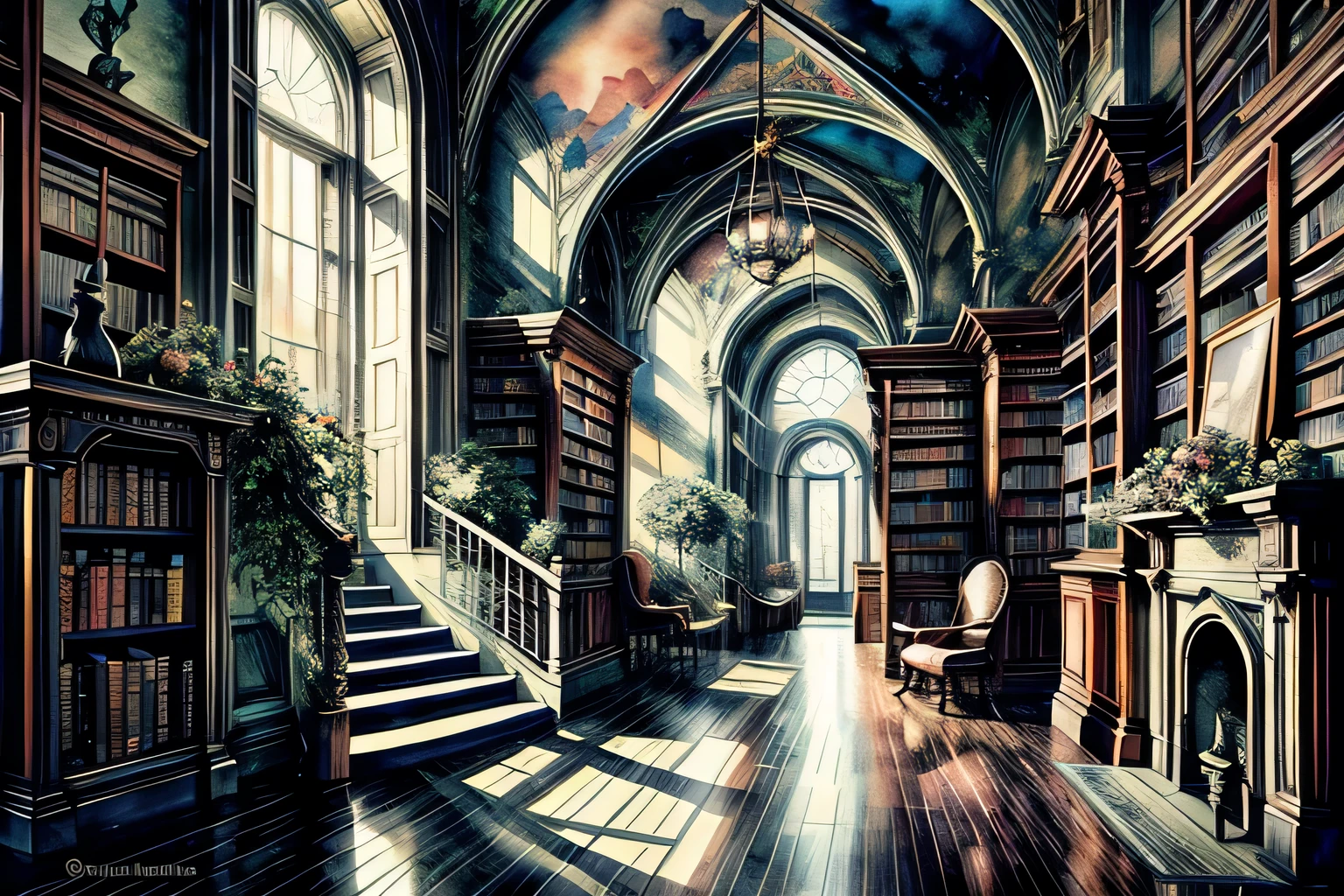 library, Full of books, Interior, Watercolor, art, art, Fantastic illustrations, upscale, fairy tale, Fairytale