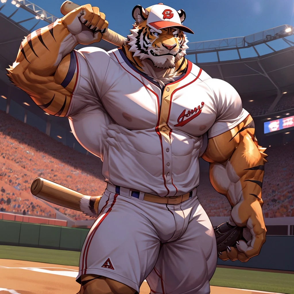 Tiger, good looking, male, Humanity, Baseball uniforms, ultradetailed, muscle質, alone, naked, rippling muscle, muscle, Stadium Background, tail, hot, Baseball cap, Baseball bat, Cool pose