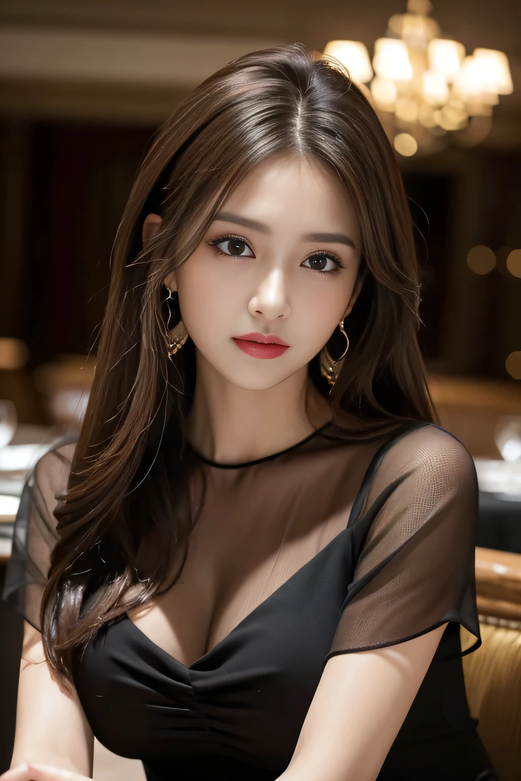 masterpiece, highest quality, Realistic, Very detailed, Finer details, High resolution, 8k wallpaper, One beautiful woman, Wear an elegant black see-through blouse, In a great restaurant, At night, Light brown messy hair, Perfect dynamic composition, Beautiful and beautiful eyes、Big earrings