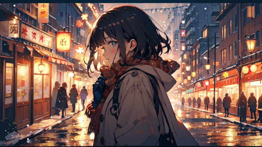 (long coat, gloves) adult female, short hair, BREAK, warm colors, greens, blue, BREAK, wallpaper, winter theme, cozy feeling, (close-up), BREAK, absurdres, masterpiece, BREAK,