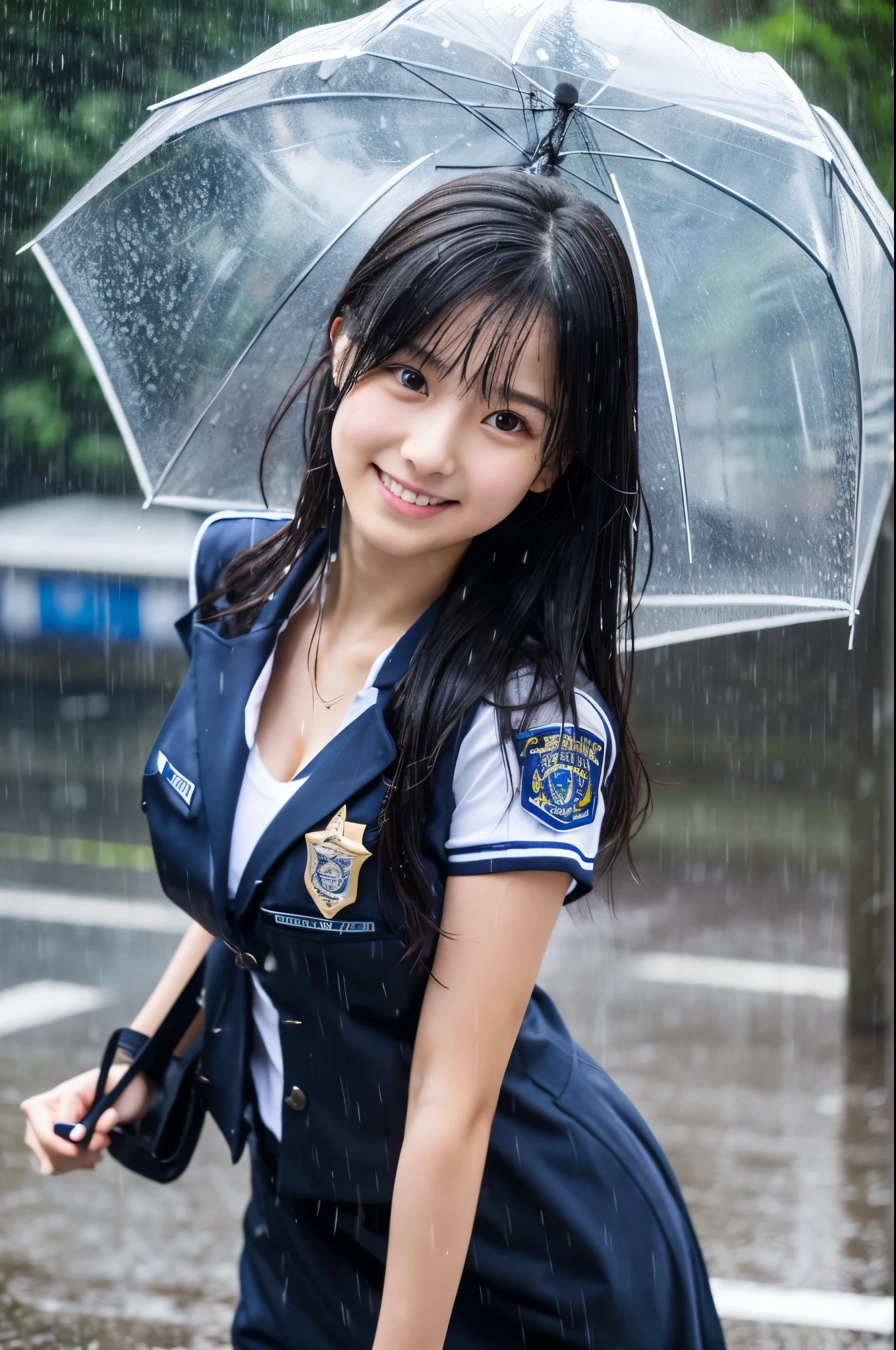 My hair got wet in the heavy rain, face and clothes soaked through.　Rain-soaked through face or dripping water　masterpiece、超High resolution、well done!、She has a very pretty face and is young like an idol.々Has a good figure.18-year-old Japanese female police officer、Gentle and cute、A gentle smile wet with rain、Police uniforms are bikini type, Show off your cleavage.、Breathe rain　soaked through　In the heavy rain、Walking on a city sidewalk in the daytime.　large size bust、whole body、((don&#39;t use an umbrella))、((don&#39;t use an umbrella))、RAW Photos、Genuine、High resolution、Life、No copyright notice