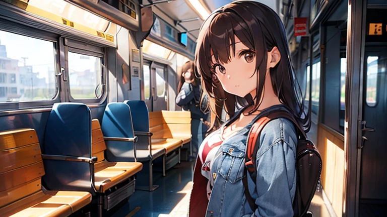 shiho Nishizumi,Blue jean jacket,Jeans pants,Semi-long hair,Ashime Hair,Brown Hair,Black Eyes,Big Breasts,Sulky,from the front,Sunny scenery,Sit in your seat,Inside the train,At least one backpack,slightly muscular,Beautiful image quality,