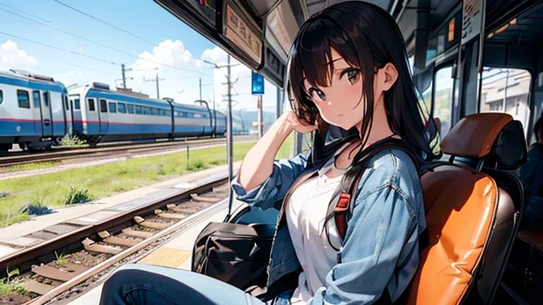 shiho Nishizumi,Blue jean jacket,Jeans pants,Semi-long hair,Ashime Hair,Brown Hair,Black Eyes,Big Breasts,Sulky,from the front,Sunny scenery,Sit in your seat,Inside the train,At least one backpack,slightly muscular,Beautiful image quality,
