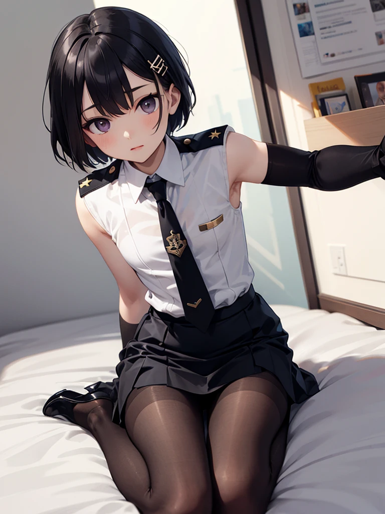 masterpiece, best quality, solo, 12years old, flat chest, (black pantyhose),black_necktie,hair_ornament,short_hair,black_hair,military_uniform,black_eyes,white_gloves,purple jacket,pencil_skirt,black_skirt,brown_eyes,elbow_gloves, gleaming skin, tutututu,blackpantyhose,Crotchless pantyhose, wariza