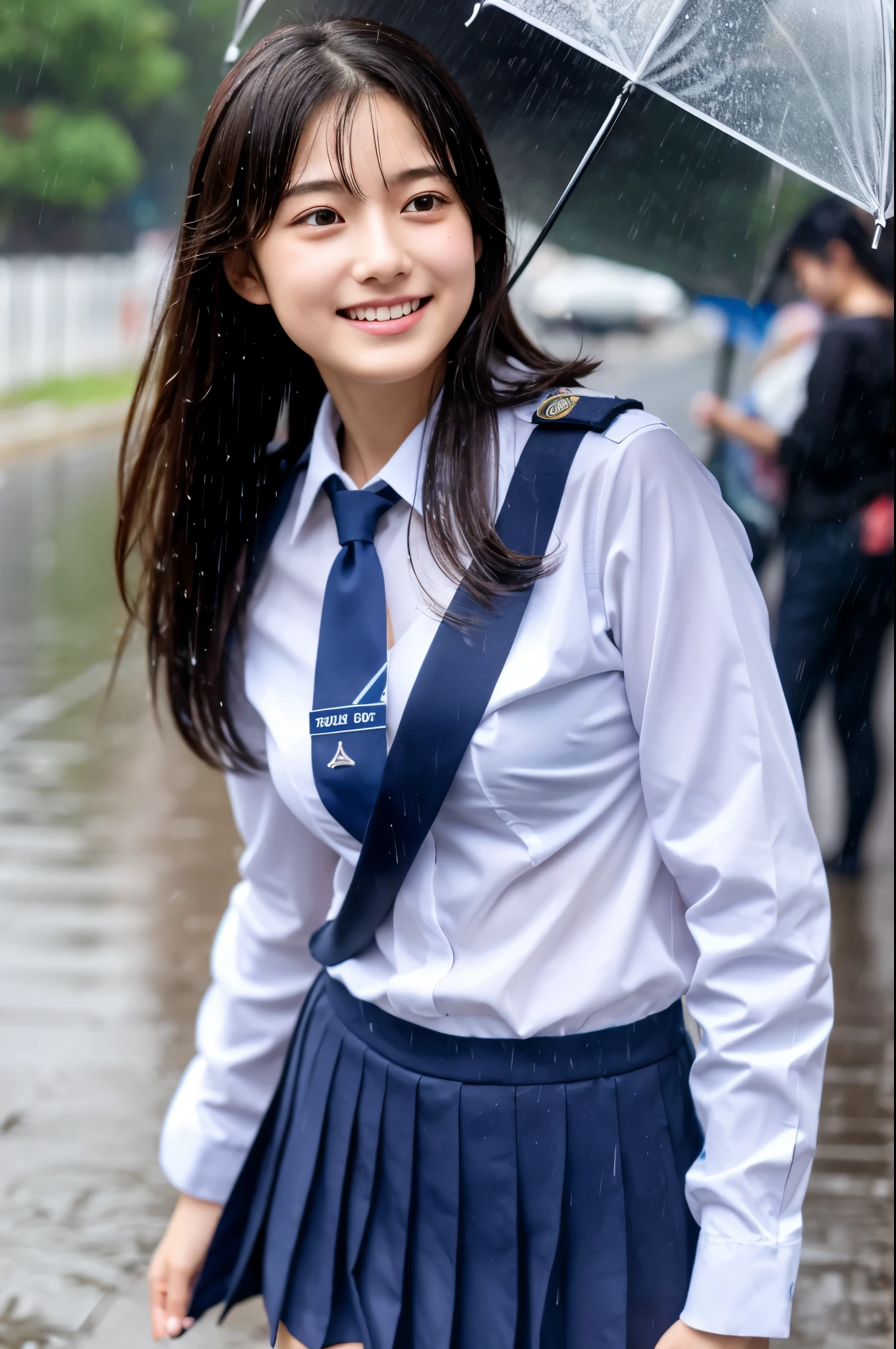 My hair got wet in the heavy rain, face and clothes soaked through.　Rain-soaked through face or dripping water　masterpiece、超High resolution、well done!、She has a very pretty face and is young like an idol.々Has a good figure.18-year-old Japanese female police officer、Gentle and cute、A gentle smile wet with rain、Police uniforms are bikini type, Show off your cleavage.、Breathe rain　soaked through　In the heavy rain、Walking on a city sidewalk in the daytime.　large size bust、whole body、((don&#39;t use an umbrella))、((don&#39;t use an umbrella))、RAW Photos、Genuine、High resolution、Life、No copyright notice