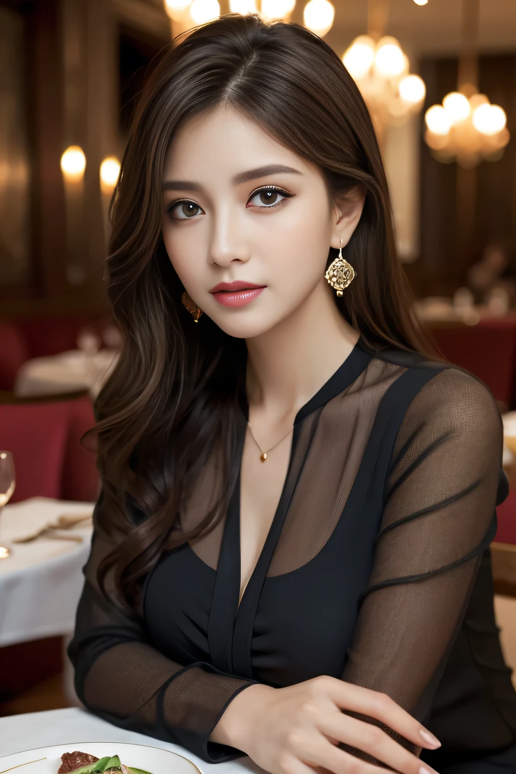 masterpiece, highest quality, Realistic, Very detailed, Finer details, High resolution, 8k wallpaper, One beautiful woman, Wear an elegant black see-through blouse, In a great restaurant, At night, Light brown messy hair, Perfect dynamic composition, Beautiful and beautiful eyes、Big earrings