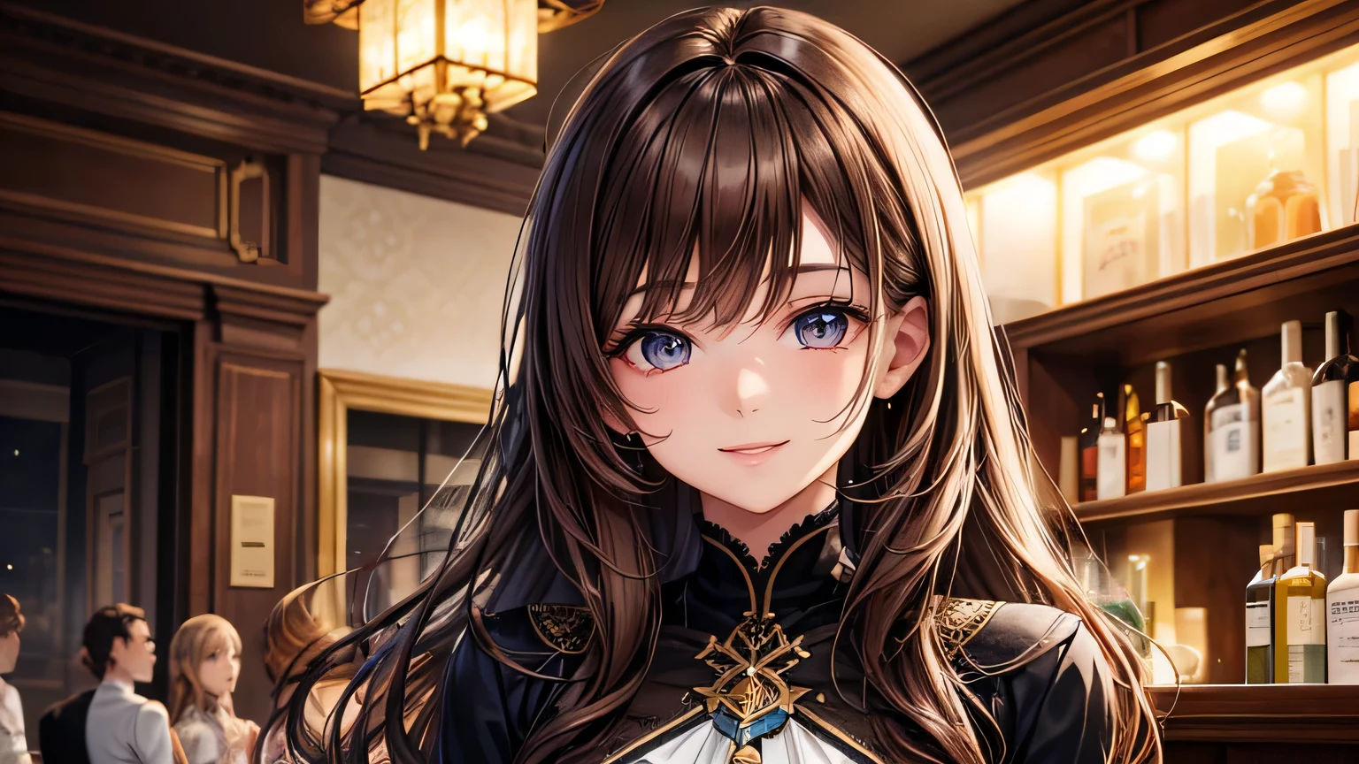 One woman : 1.3, Light brown hair: 1.2, , night: 1.2,In a fashionable bar: 1.1, Cinema Lighting, Ultra-high resolution, Accurate, Super detailed, Textured skin, High detail, highest quality, 8k,Thin bangs,Upper Body,Thick body, Well-drawn eyes,Fashionable shirts,Detailed hair depiction,Detailed depiction of eyes,Detailed depiction of hair、A big smile