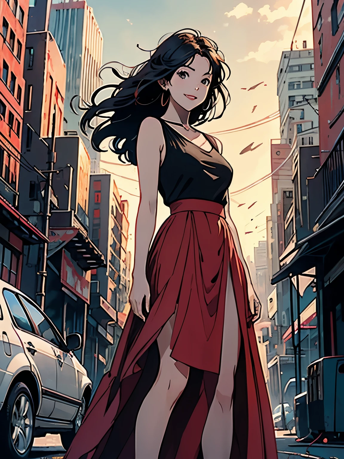 Complex background, (Woman in a red long skirt dress), (Standing in front of a car), Near future city, Movie poster style, Desolate city, (Lots of wires), universe、smile、Smaller breasts、The wind is blowing