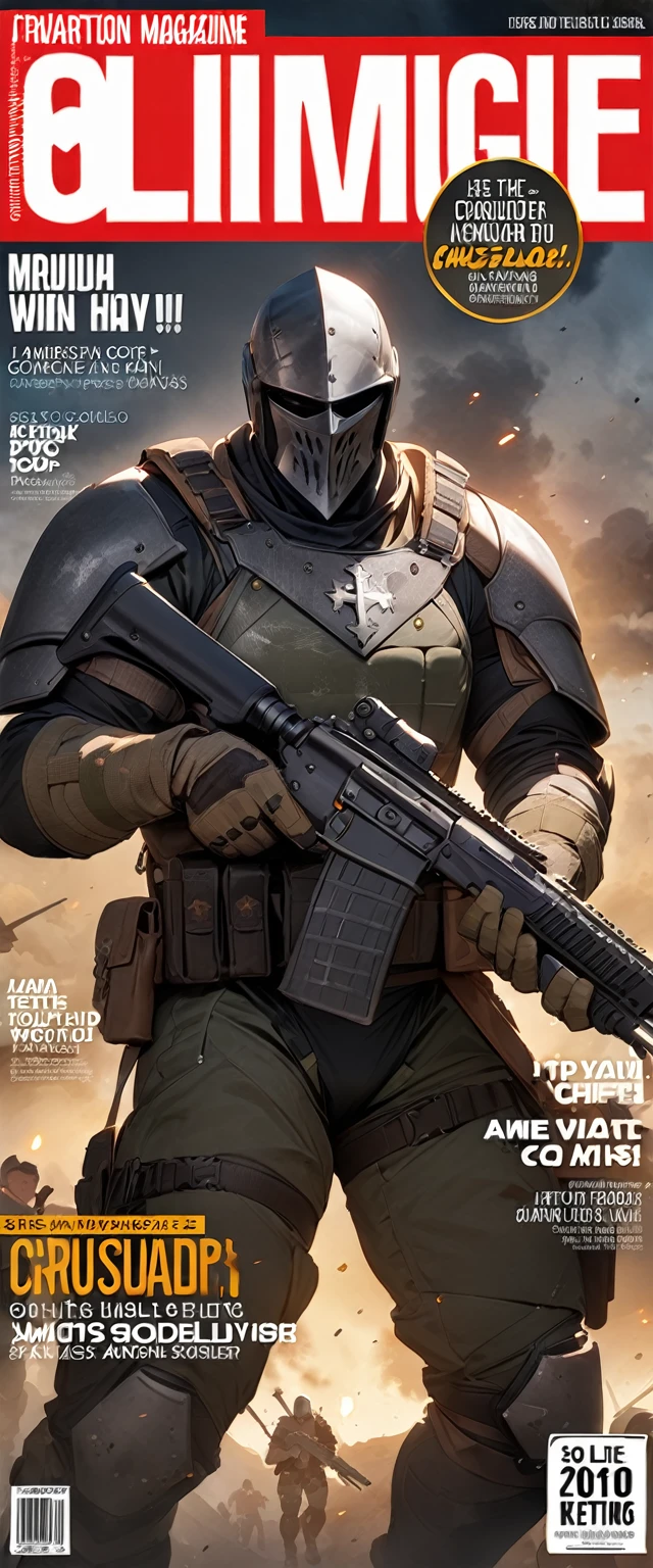 (magazine cover:1.0), masterpiece, best quality, very aesthetic, elite soldier, crusader, america, christian