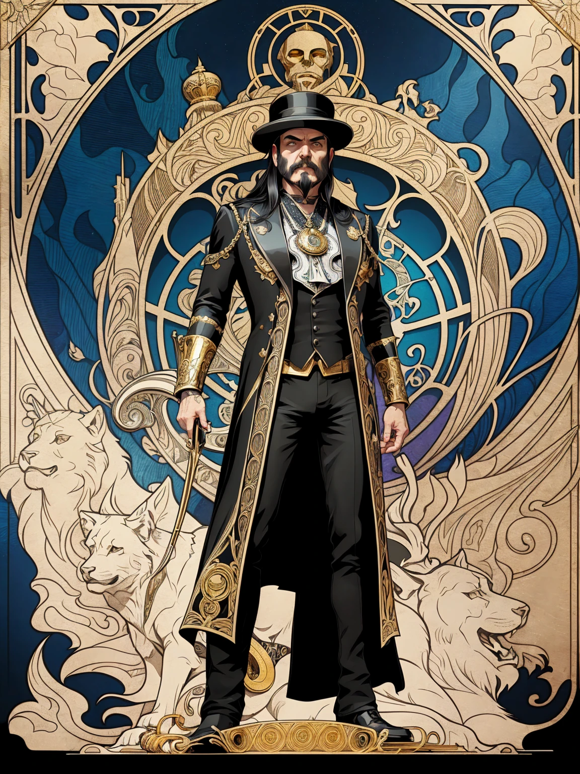 ((Art Nouveau Style)); Lemmy Kilmister as The King of Spades in a stoic pose; ((Traditional King of Spades outfit)); standing; ultrarealistic skin, ultrarealistic face; ultrarealistic body; ((ultrarealistic gold ornaments)); detailed skin; ultra detailed eyes; ultra detailed face; full body symmetrical with thick lines, Fibonacci, golden ratio, 3D metal structure tessellation, neural graphic, neurons, color, love, passion, incredibly detailed, 8k, masterpiece, artstation, surreal
