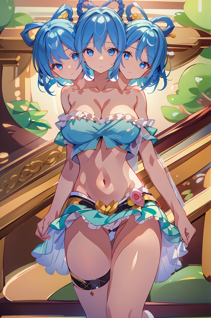 (masterpiece, best quality), best quality, best resolution, (ultra-detailed), (3heads:1.5), 1girl, (seiga kaku:1.3), masterpiece, best quality, ultra quality, ultra resolution, ultra detail, teal top, crop top, ((stomach)), midriff, ((groin)), open belly, teal skirt, miniskirt, normal ears, shackles, blue hair, blue eyes, detailed eyes, (masterpiece:1.5), (best quality:1.5), (beautiful detailed), extremely detailed CG, extremely delicate and beautiful, depth of field, (finely detailed face), (perfect details:1.3), (mature female:1.3), wide pelvis, slender, large veiny breast, 16k resolution, highres, high quality, high definition, extremely detailed, masterpiece, blue hair, long hair, alluring presence, braid, short skirt, close up, big tits, young, Flying Xian Hair Style,
