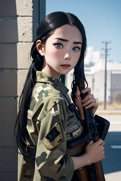 survival game、Camouflage、survival gameのフィールド、A beautiful girl is holding a rifle、head to waste、