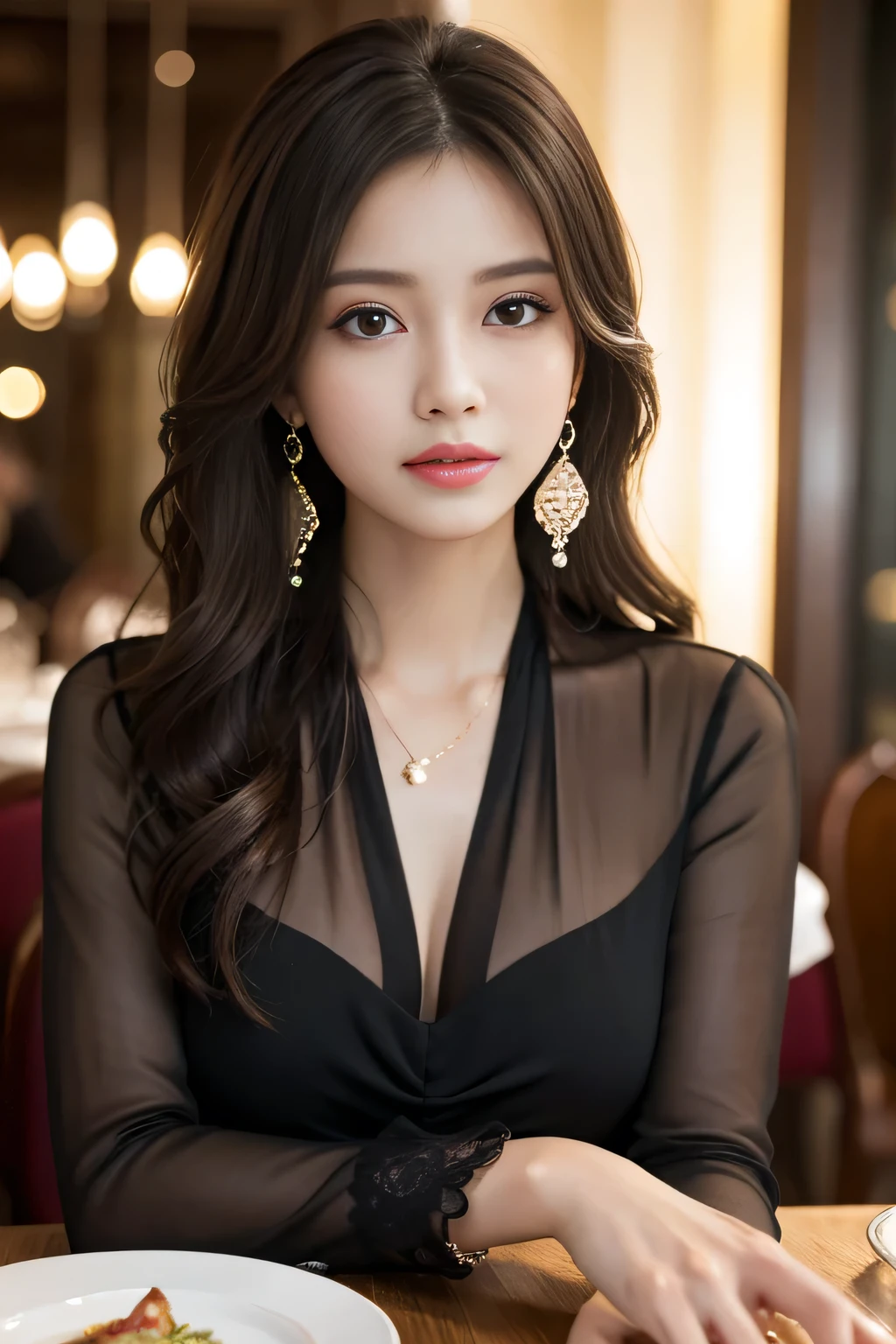 masterpiece, highest quality, Realistic, Very detailed, Finer details, High resolution, 8k wallpaper, One beautiful woman, Wear an elegant black see-through blouse, In a great restaurant, At night, Light brown messy hair, Perfect dynamic composition, Beautiful and beautiful eyes、Big earrings