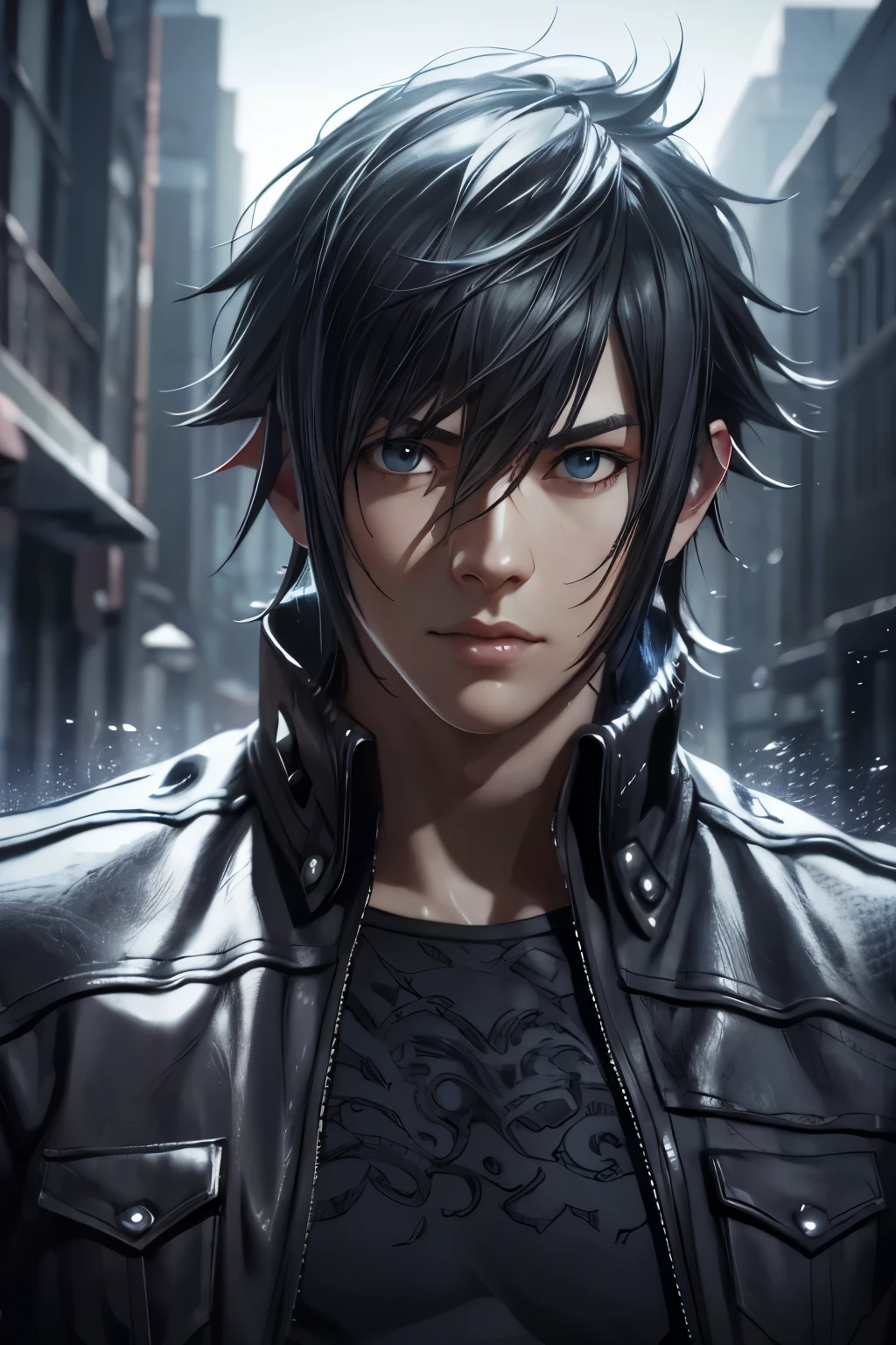 final fantasy xv, noctis lucis caelum, highly detailed portrait of noctis lucis caelum, extremely detailed face, beautiful detailed eyes, beautiful detailed lips, extremely detailed facial features, sharp focus, photorealistic, 8k, best quality, realistic lighting, cinematic composition, dramatic lighting, moody lighting, intricate details, hyper realistic, award winning cg artwork, fantasy, video game character