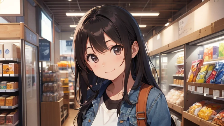shiho Nishizumi,Blue jean jacket,Jeans pants,Semi-long hair,Ashime Hair,Brown Hair,Black Eyes,Big Breasts,Smiling expression,from the front,over the counter,Inside the store,indoor,Hold the product in your left hand,At least one backpack, Beautiful image quality,slightly muscular,
