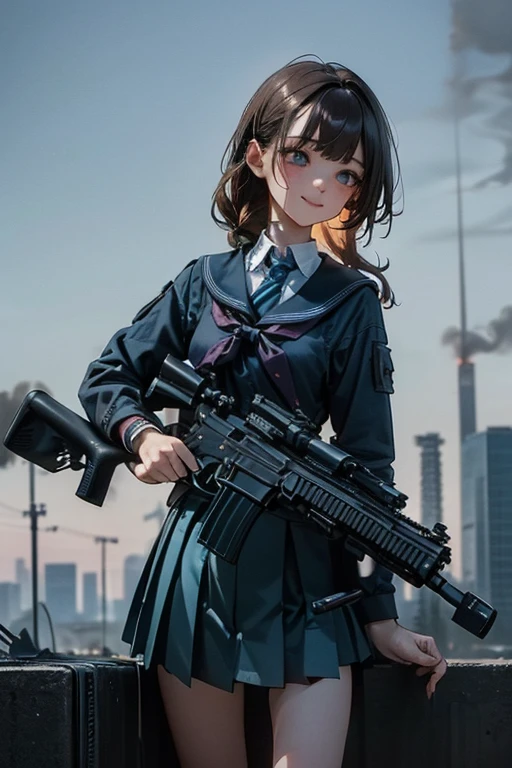 ({Very Aesthetic}, {Very Detailed}, {Very Real}, ,1 Cute Girl, from front, brown hair, semiLong Hair, Handsome Face, Delicate Eyes, (school uniform),Delicate Body, smile, (blue skirt),Hold a Assault rifle, Battlefield city with smoke rising,sensei,tooimage, cyberpunk, futuristic city