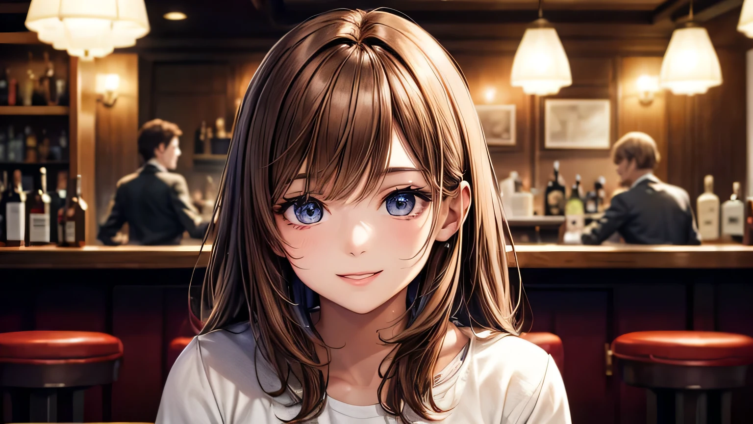 One woman : 1.3, Light brown hair: 1.2, , night: 1.2,In a fashionable bar: 1.1, Cinema Lighting, Ultra-high resolution, Accurate, Super detailed, Textured skin, High detail, highest quality, 8k,Thin bangs,Upper Body,Thick body, Well-drawn eyes,Fashionable shirts,Detailed hair depiction,Detailed depiction of eyes,Detailed depiction of hair、A big smile