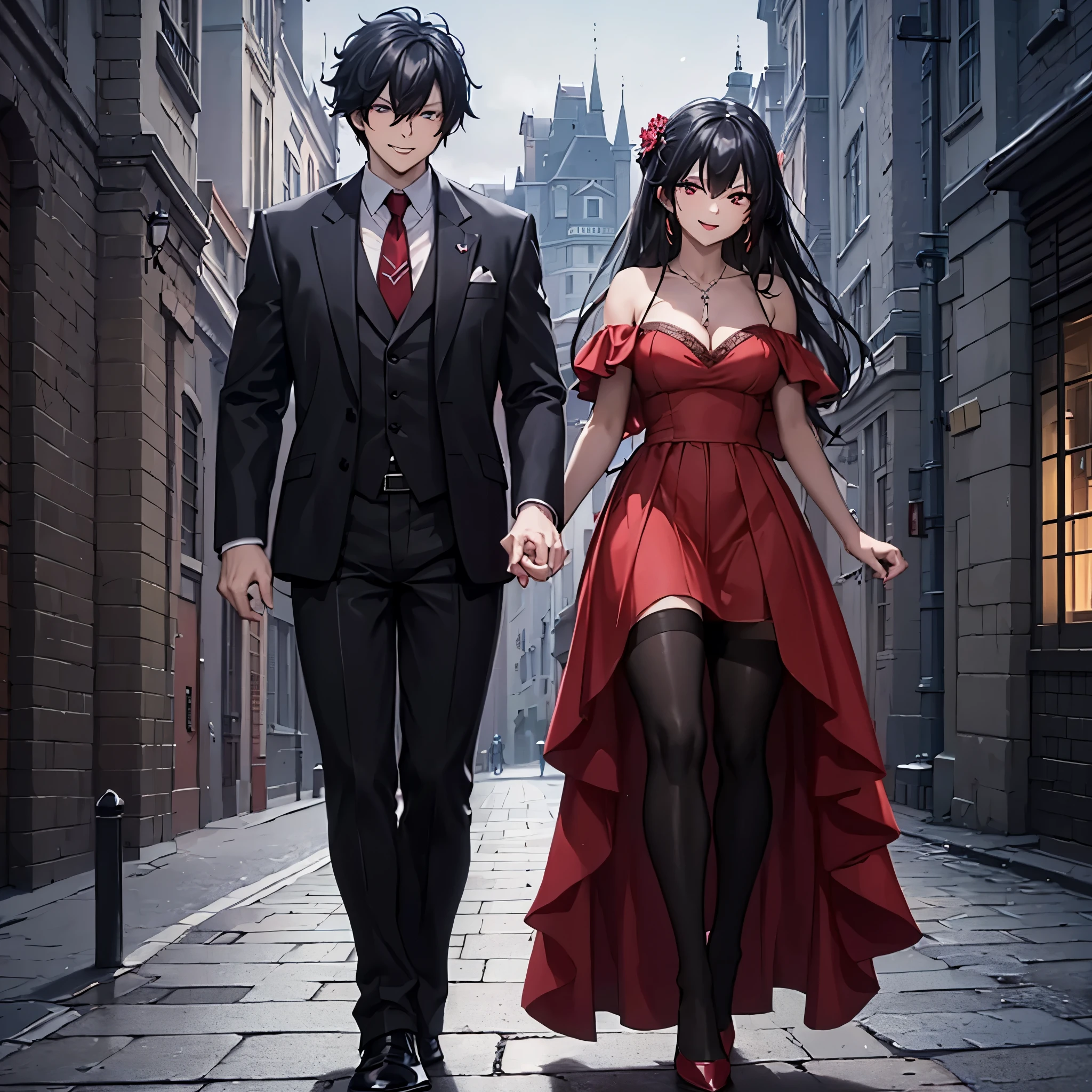 A man together with a woman holding hands Walking on a wide sidewalk with a view of a city at night with illuminated buildings, with perfect lighting, (romantic mood) (holding hands perfectly with coherent fingers), (woman wearing a low-cut red dress with long brown stockings, smiling red eyes, long black hair) (a man wearing a black suit, black pants, black hair, dark blue eyes, smiling) (just a couple of man and woman) ,.shadow, flower, UHD, masterpiece, precise, anatomically correct, textured skin, super detail, high quality, best quality, 8k, high resolution, bokeh effect.
