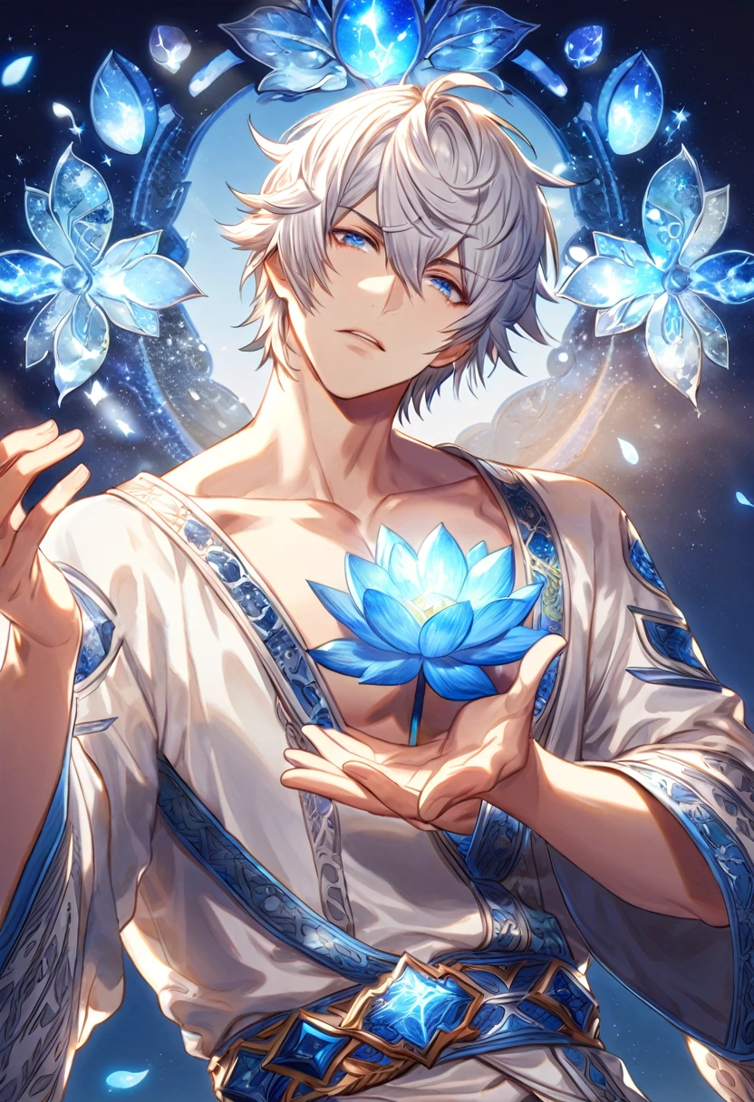 absurdres, highres, ultra detailed, HDR, master piece, best quality, Lucilius, white hair, expressive blue eyes, granblue fantasy, solo, sexy man, handsome, white tunic, patterns, magical, fantasy, blue background, blue lotus, shining, blue petals, blue sparkling butterflies