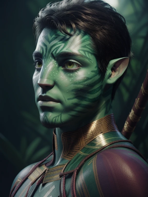 avatar style, (face portrait:1.6), naavi, 1boy, ((male)), (green eyes), ((big detailed alien eyes:1)), ((eyebrowless)), ((pointy ears)), (green skin tone:1.0), (straight hair:1.0), brown hair color, ((long messy hair)), (young adult), 18 years old, face wrinkles, ((wearing colorful tribal clothing)), (wearing tribal acessories), detailed eyes, toned body, muscled body, vibrant colors, glowing, ethereal atmosphere, surrealistic dreamy lighting, textured skin, otherworldly beauty, mesmerizing photography, (best quality, highres), vivid colors, ultrarealistic, skin details, striped skin, sfw, face close-up:0.5, ultradetailed body, ((forest green skin)), dark background, night time, intricatedetails