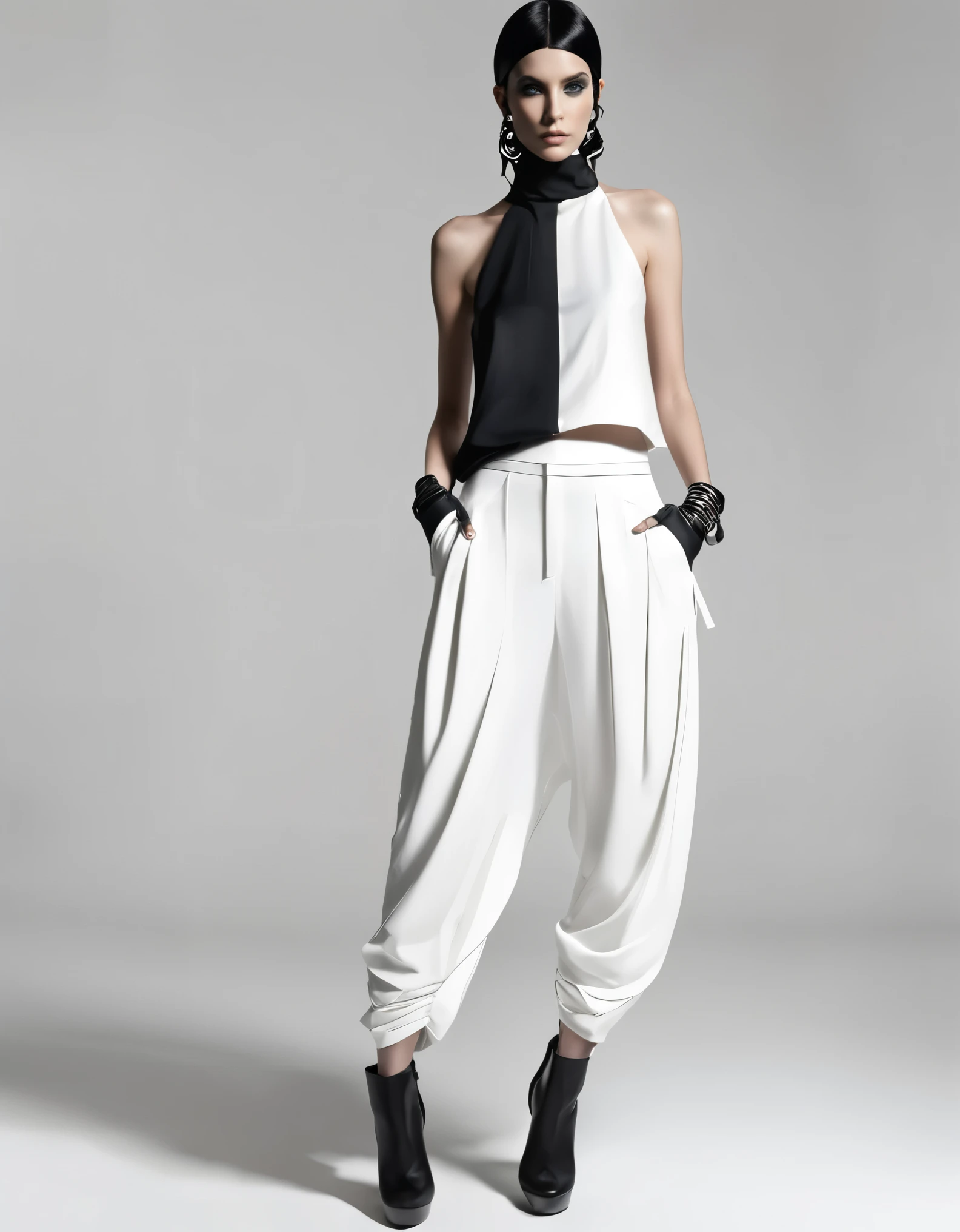 (nsfw:1.2), (masterpiece, Best Quality:1.4), digital art, Generate an image of a modern and avant-garde fashion outfit. The outfit consists of a single piece that combines a loose, straight-line top and drop-crotch pants. The entire outfit is predominantly white.

The top features a simple crew neckline and falls straight down from the shoulders to the ankles, creating a flowing silhouette. The pants have a distinctive drop-crotch design, with the crotch area hanging low and the legs gradually tapering down to a more fitted shape. On the right leg, there is an abstract, hand-drawn-style pattern or sketch that adds a unique artistic touch.

Around the neck, the model is wearing a long, black necklace with a large central ring and multiple thin straps hanging down, creating a strong visual contrast against the white outfit. The footwear is black platform sandals with a simple yet bold design that complements the overall modern and edgy look of the outfit.

The jp model is posed against a plain background, with a relaxed and confident stance, highlighting the unique silhouette and details of the outfit