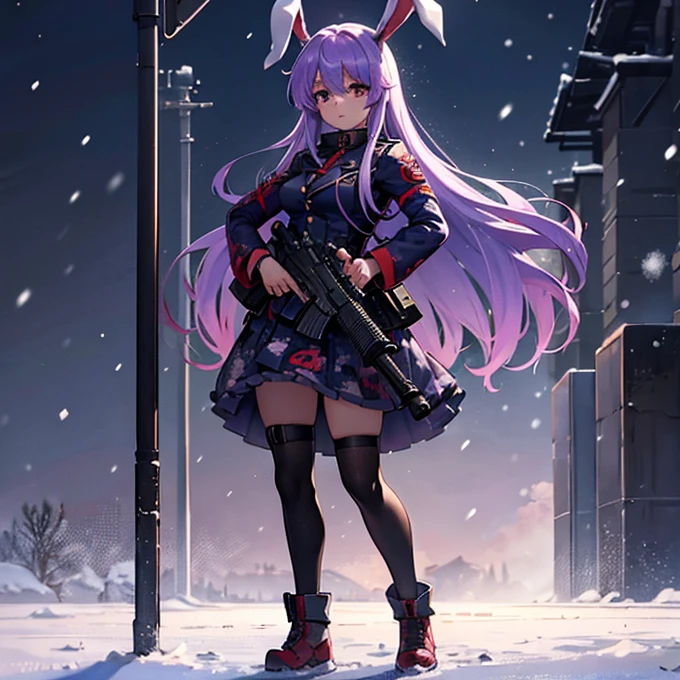 1 girl, solo, Reisen Inaba, touhou, god like, military uniform, snow camo, holding automatic rifle, battlefield art style, wide shot, washed out colors