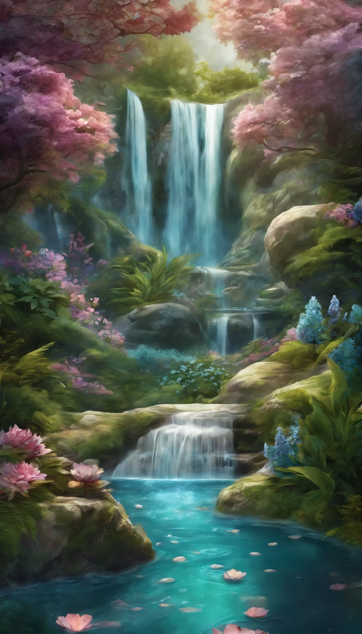 (Masterpiece, Best quality, High quality, A high resolution:1.4), Extremely detailed, ambient soft lighting, 4K, Outdoors, Nature, forest, green trees, Grass, a plant, Flowers, River, Caustics, water flow, Ripples, (waterfallr:1.2), pond, jungles, dense foliage, fern, All expressed with jewels, the arrival of spring,waterfall,fantastic scenery, transparency, angles looking up from below, various jewels falling from the sky, wonderful and beautiful superb view, slightly hazy, fantastic, high resolution, 8K, (best quality, highres, realistic:1.37), shiny metallic flowers, intricate and delicate petals, reflective surfaces, vibrant colors, intricate details, close-up view, surreal garden, surreal beauty, dreamy atmosphere, fine art, abstract botanicals, metallic sculpture, contrasting textures, ethereal glow