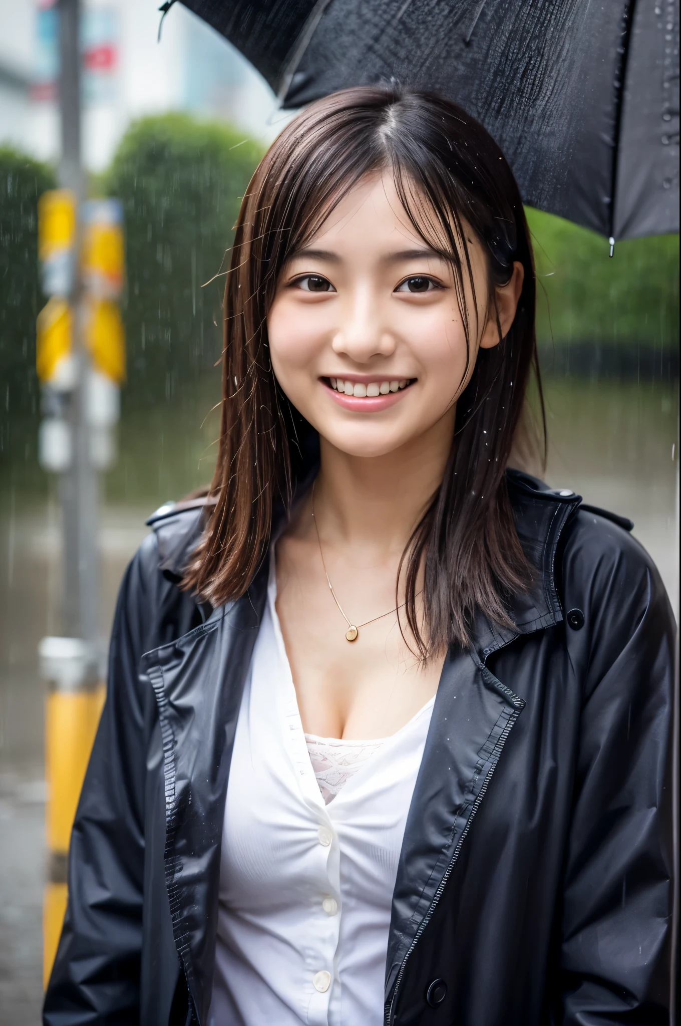 She looks up at the heavy rain sky、彼女は傘がないのでwhole bodyが雨で濡れている、My hair got wet in the heavy rain, face and clothes soaked through. Rain-soaked through face or dripping water masterpiece、超High resolution、well done!、She has a very pretty face and is young like an idol.々Has a good figure.18 year old Japanese female、Gentle and cute、A gentle smile wet with rain、 Show off your cleavage.、Breathe rain soaked through In the heavy rain、Looking up at the rainy sky on a sidewalk in a big city at noon. large size bust、whole body、Artistic、RAW Photos、Genuine、High resolution、Life、No copyright notice