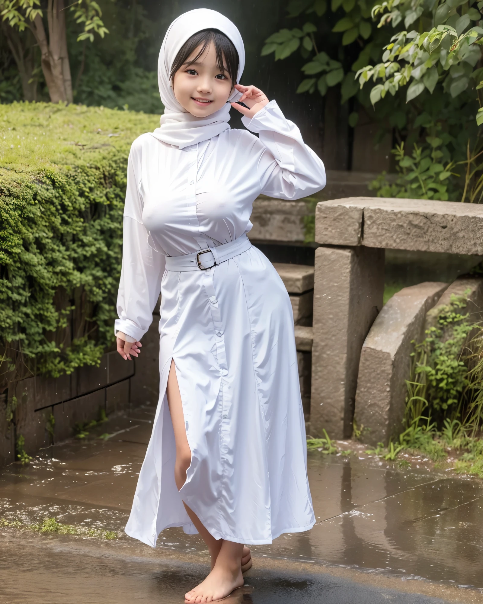 adorable, 1 girl, 10 years old, baby face, smile shy, full body portrait, (face details: 1), (eye details: 1). wearing random long shirt, long skirt, modern hijab colorful, (large breasts)... Rain, wet, closthes wet, Cute posed. proportional body. Ultra High Res. realistic: 1.4, UHD