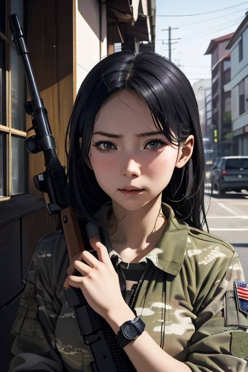 survival game、Camouflage、survival gameのフィールド、A beautiful girl is holding a rifle、head to waste、