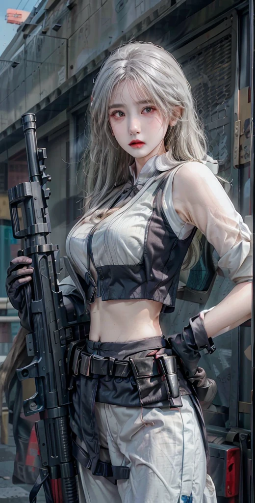 Photorealistic, high resolution, 1womanl, Solo, Hips up, view the viewer, (Detailed face), White hair, SWAT vests, Gun, First jewelry Brunette hair