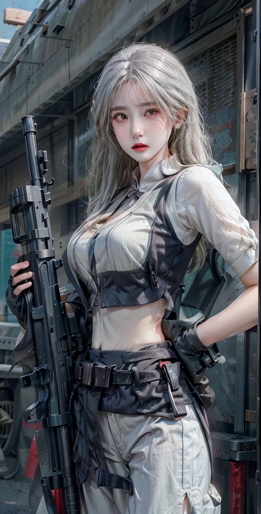 Photorealistic, high resolution, 1womanl, Solo, Hips up, view the viewer, (Detailed face), White hair, SWAT vests, Gun, First jewelry Brunette hair
