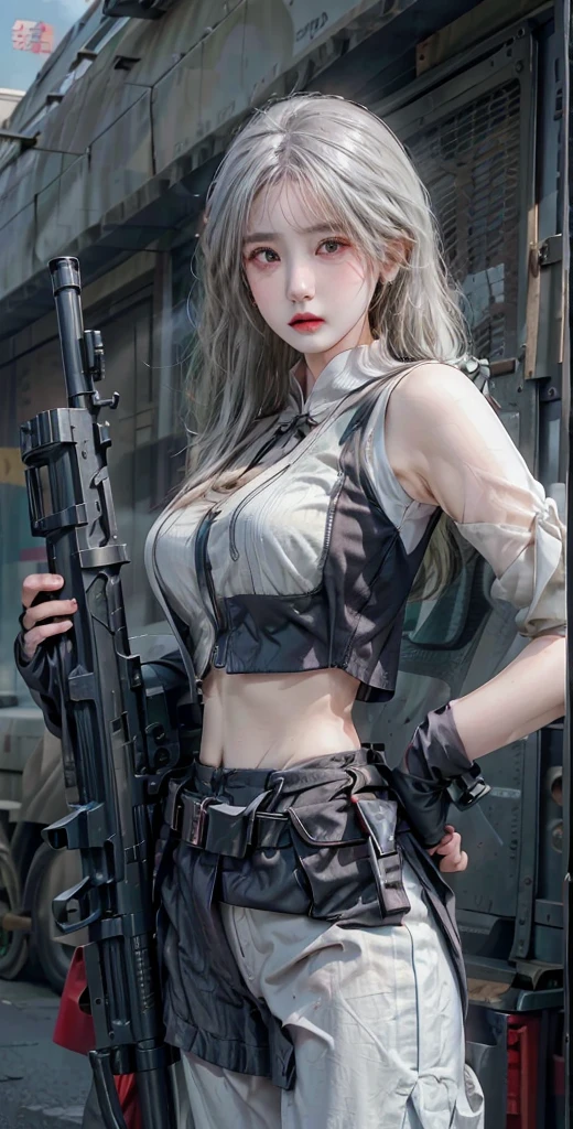 Photorealistic, high resolution, 1womanl, Solo, Hips up, view the viewer, (Detailed face), White hair, SWAT vests, Gun, First jewelry Brunette hair