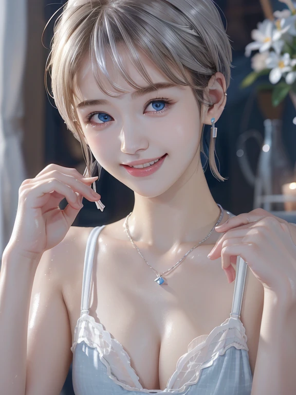 205 ((short hair)), 16 year old female, Wear underwear、Cardigan、wet underwear、D cup breasts、 Fresh smile、Beautiful tooth arrangement、Silver hair、earrings、Necklace on the neck、looking into camera、charming blue eyes