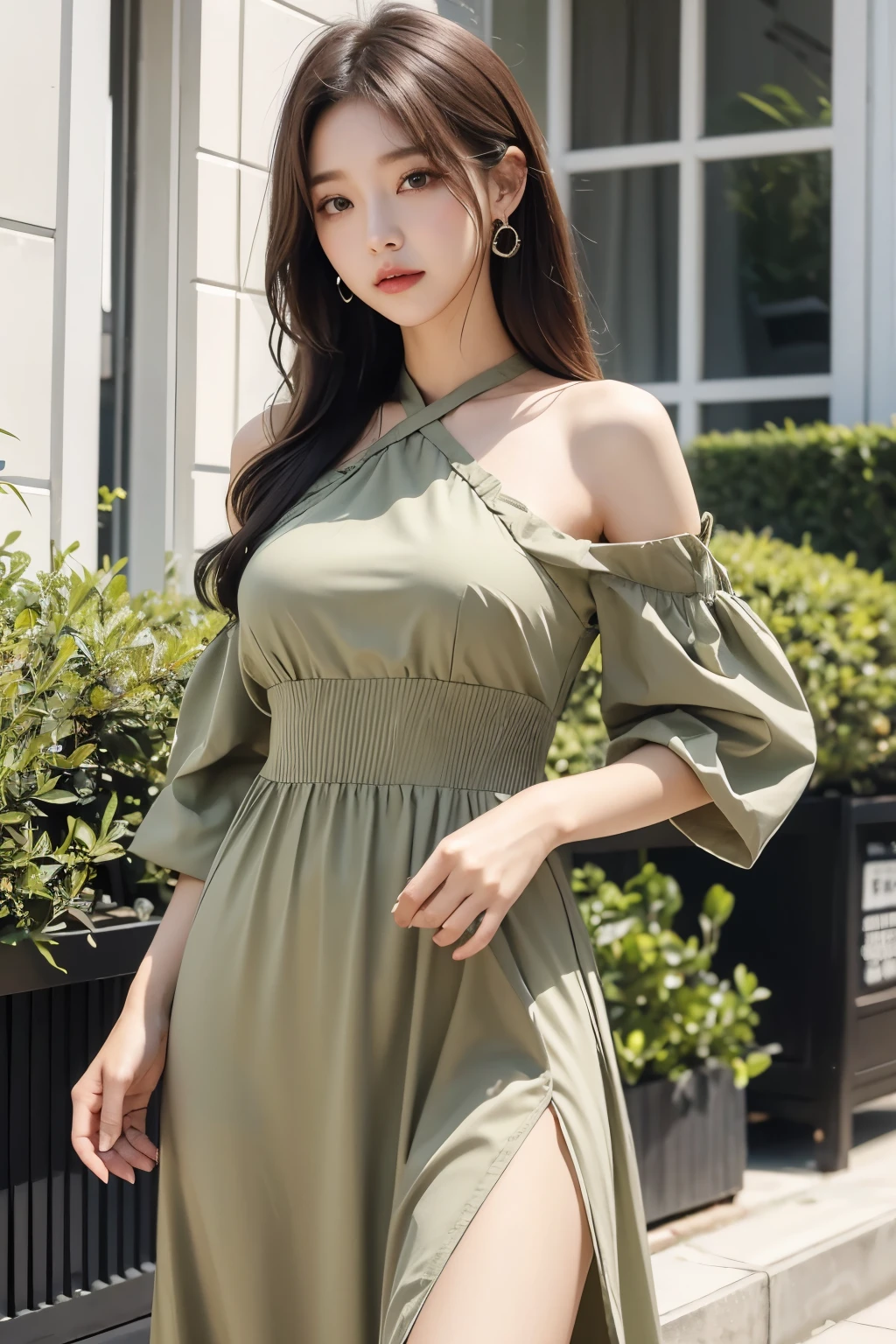 녹색 dress를 입고 거리를 걷고 있는 아라페 여성, 가벼운 반 오픈 dress, 2263539546], 1285445247], olive, dress, full-length view, 세련된 dress, 심플한 dress, middle, 밝은 녹색 dress, 긴 dress, 긴 dress female, 2 0 2 0 fashion, Look at