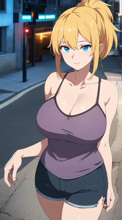 (best quality:1.5, High resolution, Ultra HD, 4k, Detailed lighting, Shaders, Perfect hand anatomy), #10: Thick Blonde Ponytail, Large Breasts, camisole, shorts, cleveage, View, Street background, Smile, Sexy, permanent