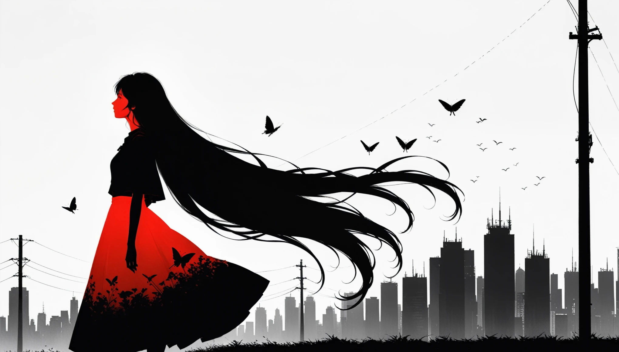 (in style of Ashley Wood:1.3),(in style of Takeshi Obata:0.9),
black and white urban skyline background,protruding utility poles,(a red silhouette of a young girl:1.6),minimalist silhouette,red silhouette,black and white background,wide_shot,silhouette of a teenage girl on a telephone pole,(selulu style:1.4),heles,flowing long skirts,(incredibly long hair fluttering in the wind:2)